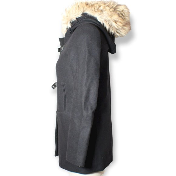 Zara Women's Black Hooded Coat Jacket With Faux Fur Trim Sz Small - Picture 3 of 7